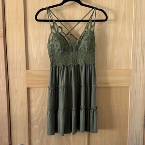 Zenana Outfitters Olive Green Lace-Detail Mini Dress